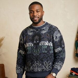 Vintage Michael Gerald 90s Abstract Knit Geometric Sweater Navy Multicolor Large